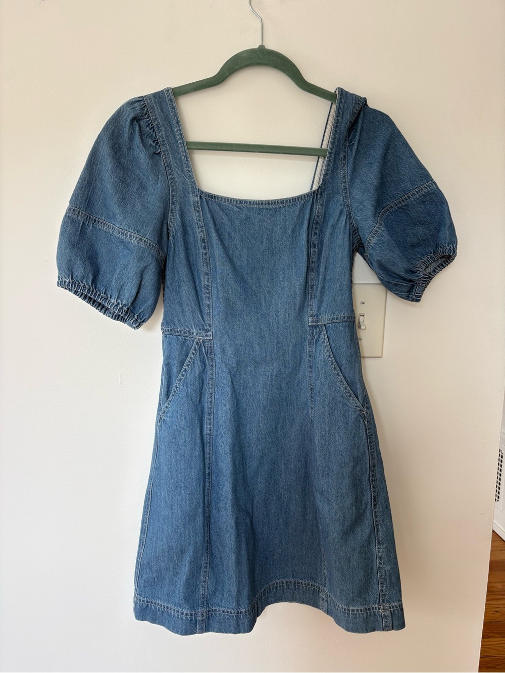Madewell Square Neck Denim Puff-Sleeve Dress